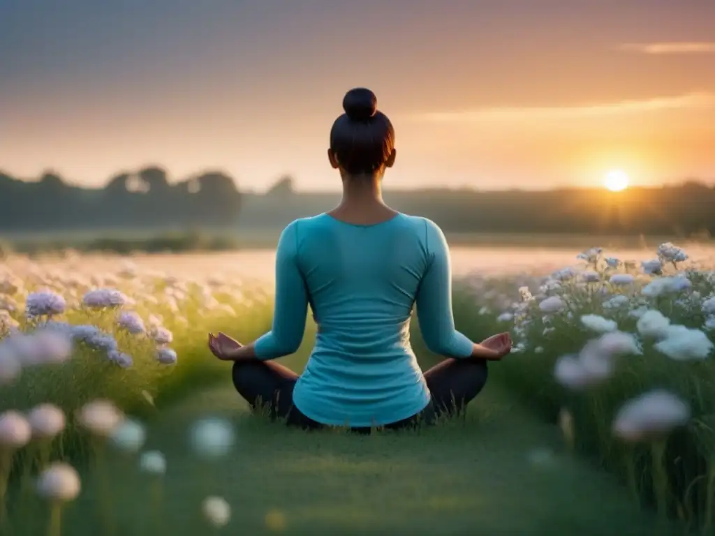 Persona meditando en campo tranquilo al amanecer, rodeada de flores pastel y sol dorado, preparándose para consejos choque cultural viajes