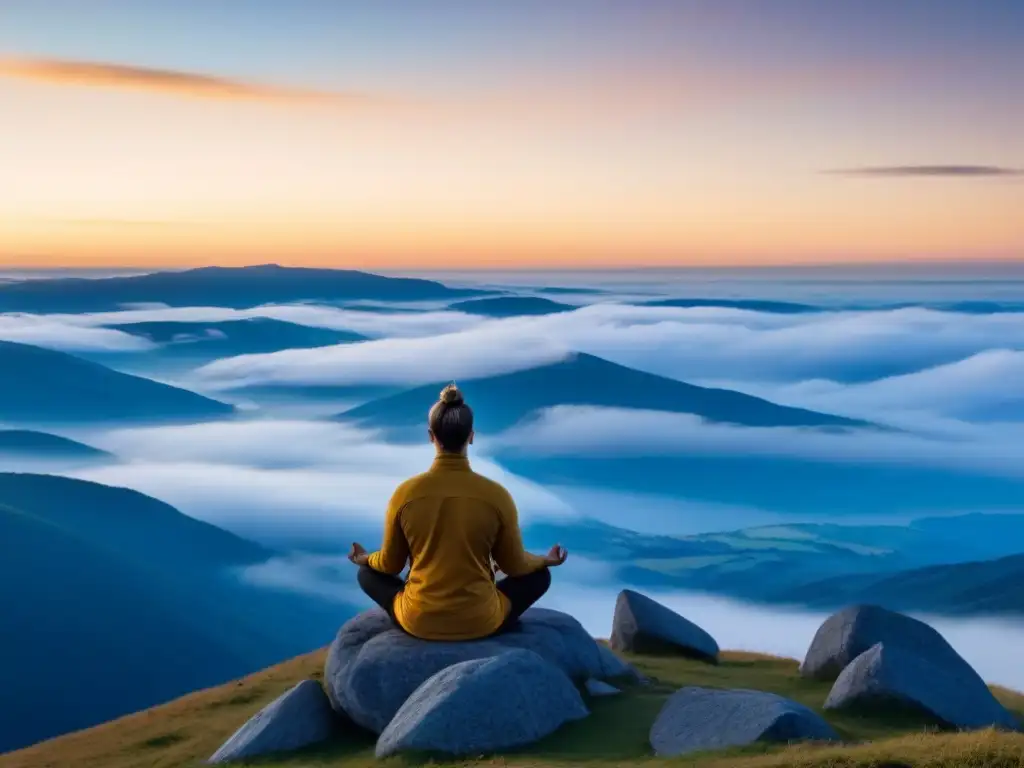 Persona meditando al amanecer en la cima de una montaña, envuelta en neblina, con una luz dorada, transmitiendo paz y conexión espiritual