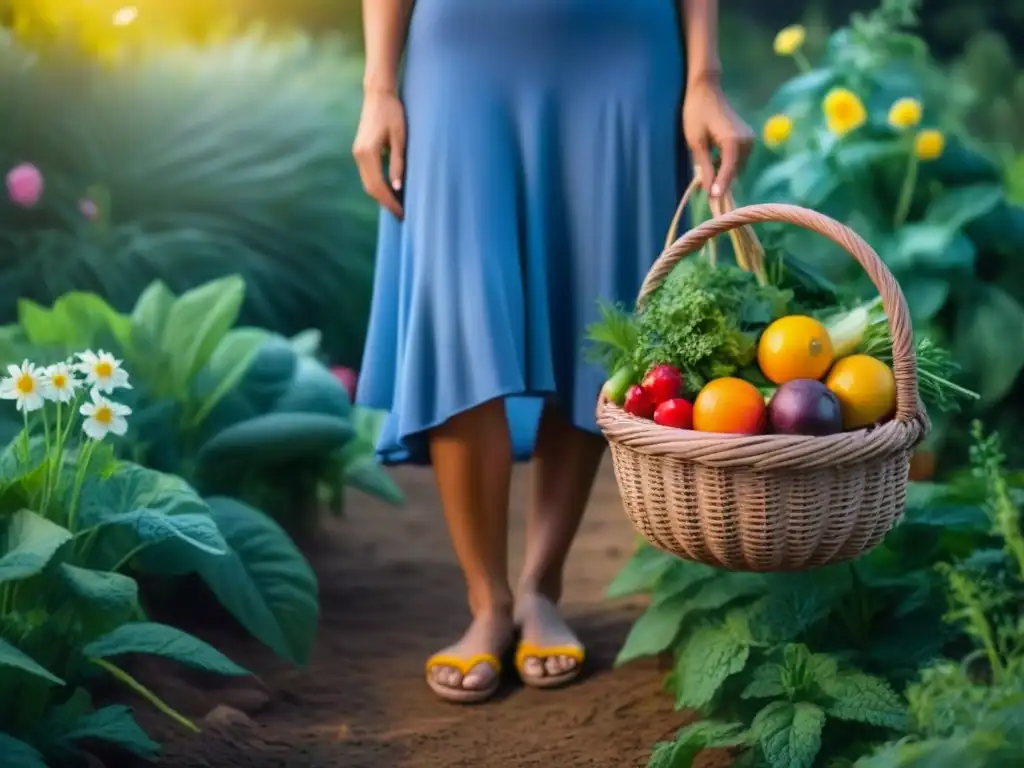 Persona descalza en jardín verde con frutas y verduras