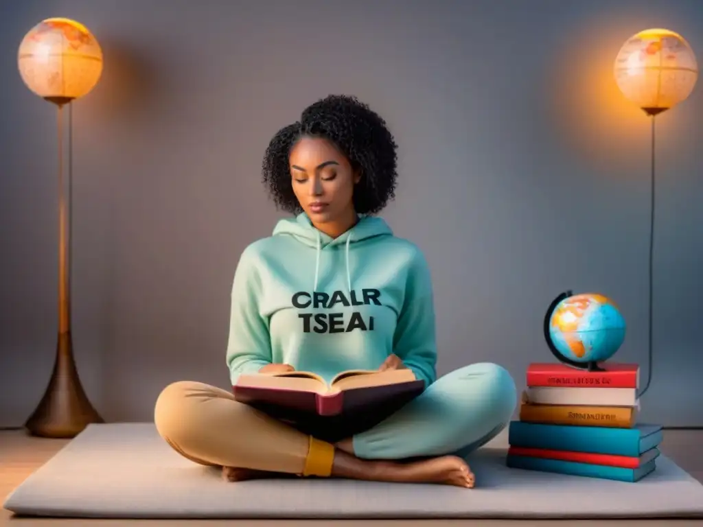 Estudio de idiomas: inmersión cultural y serenidad Persona meditando rodeada de libros de idiomas, té y globo terráqueo