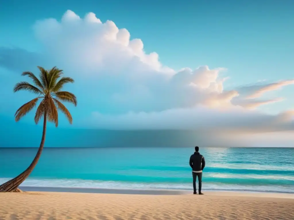 Persona contemplando la serena playa y el mar turquesa, con palmera solitaria al fondo