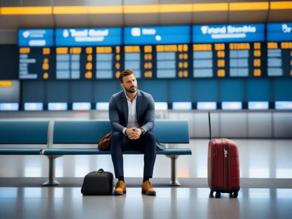 Persona tranquila en aeropuerto caótico, reflejando protección del Seguro de viaje situaciones críticas