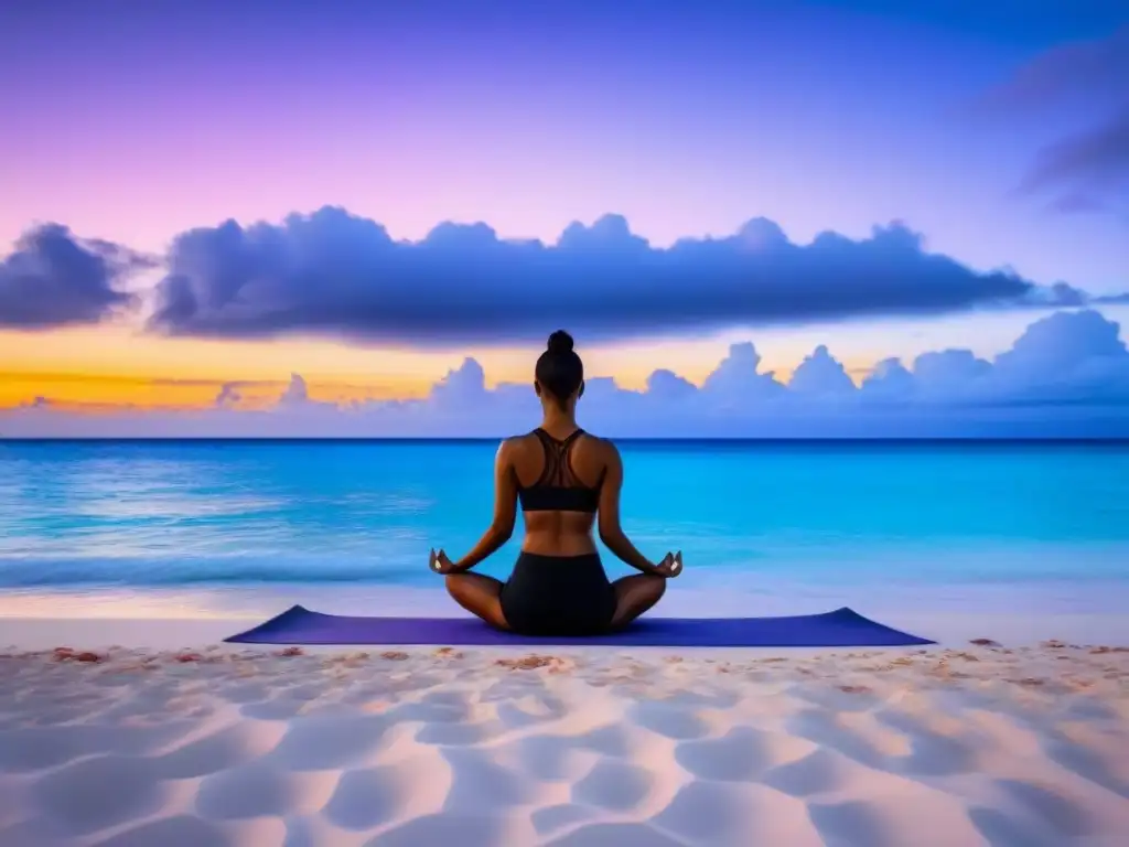 Persona practicando yoga al atardecer en playa de Islas Marshall, rodeada de naturaleza exuberante y flores tropicales