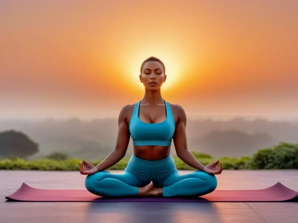 Yoga al amanecer en entorno cultural sereno Persona practicando yoga al amanecer en entorno cultural tranquilo, transmitiendo paz y mindfulness