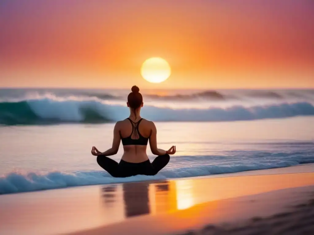 Persona practicando yoga en una playa al amanecer, con olas suaves y tranquilo mar
