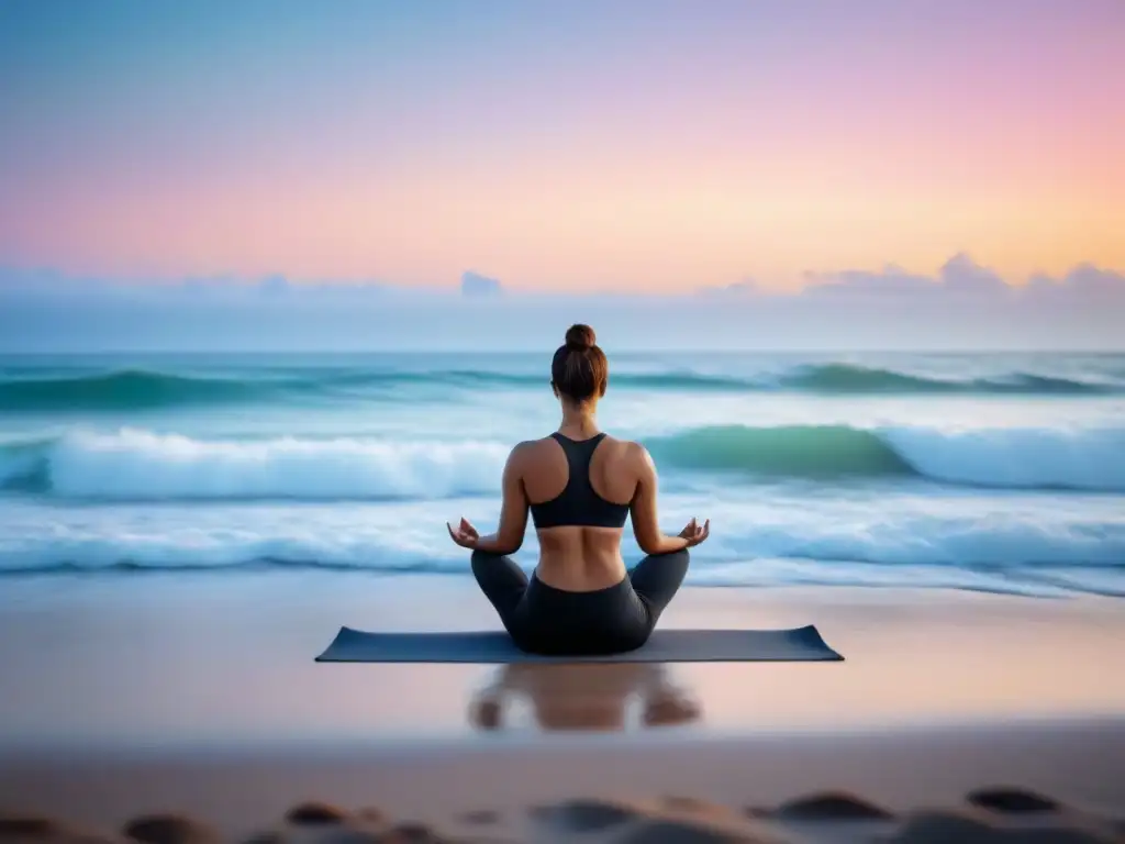 Persona practicando yoga en la playa al amanecer, rodeada de serenidad