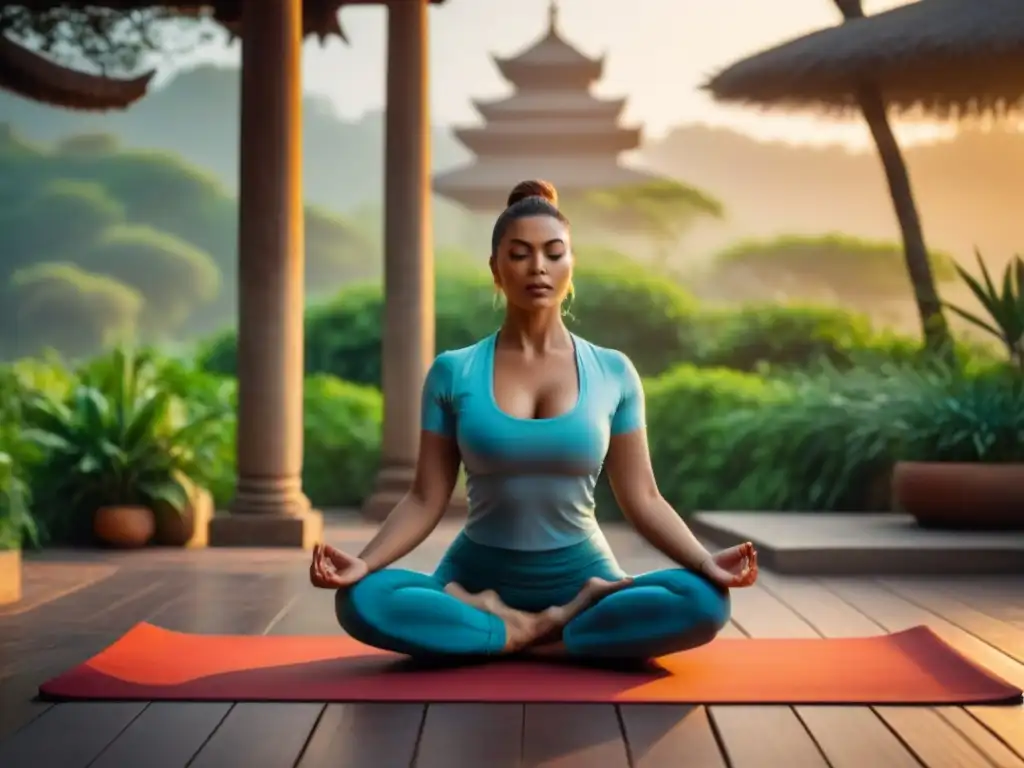 Persona practicando yoga al amanecer en un retiro de bienestar cultural, entre vegetación exuberante y elementos arquitectónicos antiguos