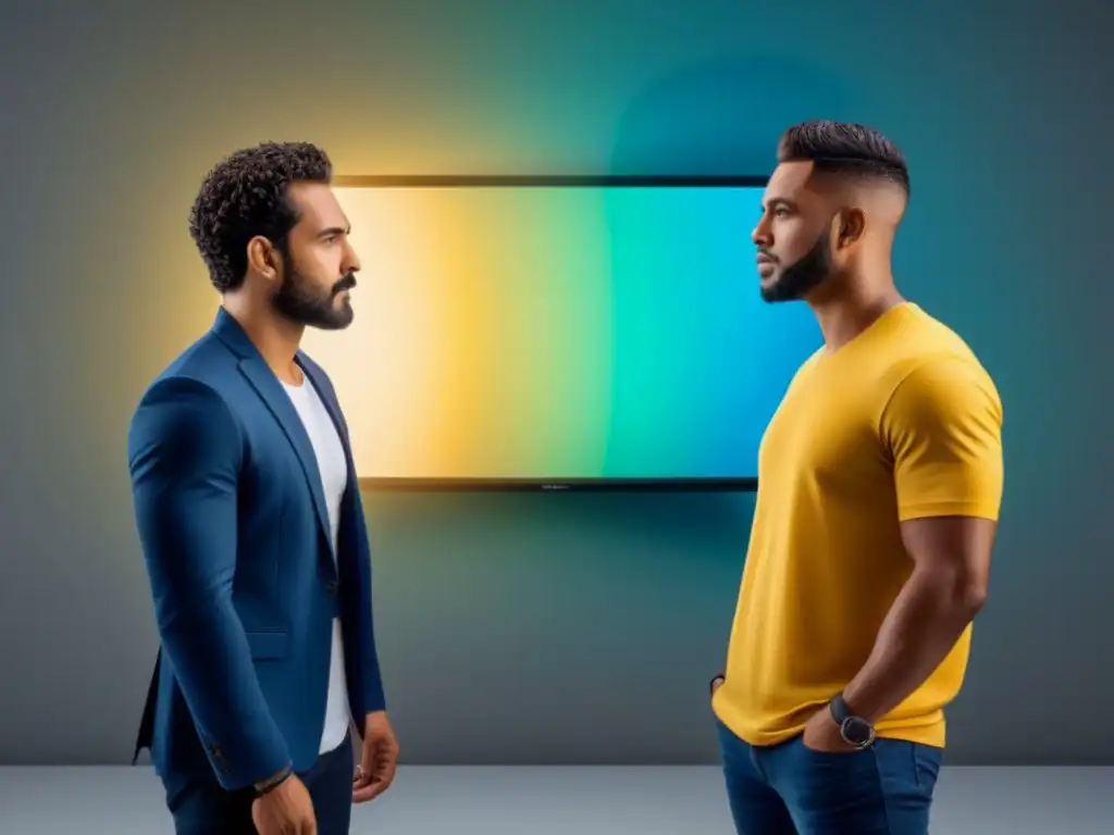 Dos personas de diferentes culturas intercambiando ideas a través de una pantalla digital