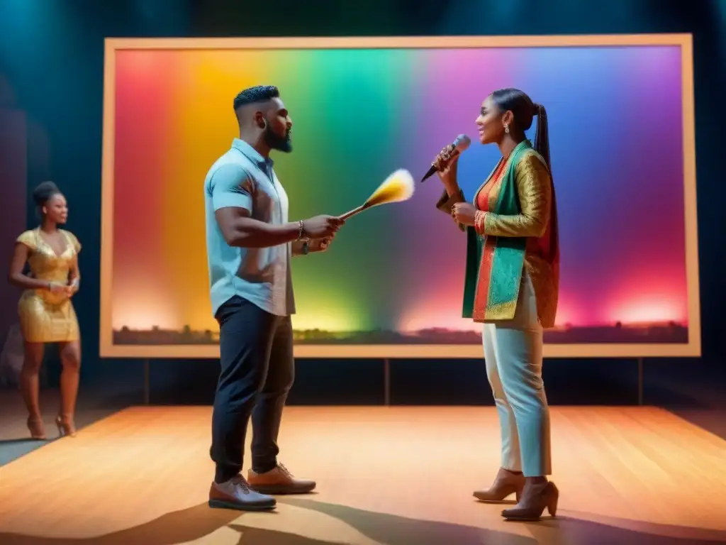 Encuentro cultural: arte y música uniendo mundos Dos personas de distintas culturas en un intercambio cultural a través del arte: una con pincel y la otra con micrófono