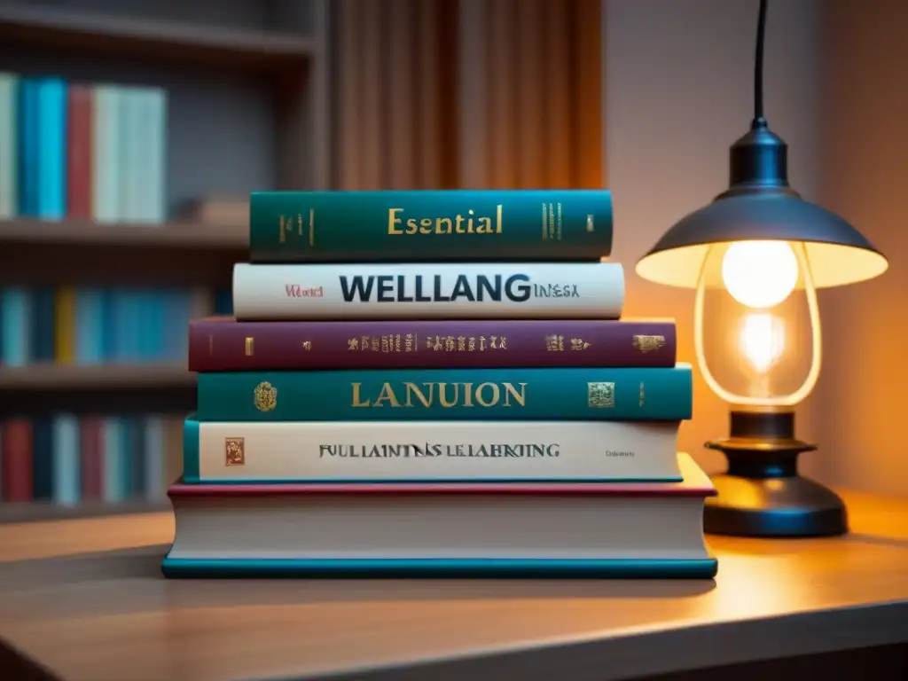 Una pila de libros de idiomas desgastados con banderas, en un ambiente tranquilo de estudio