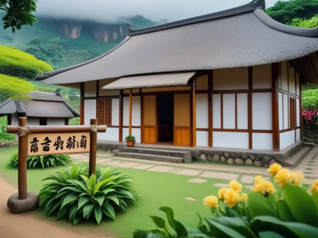 Pintoresca casa rural con letrero 'Bienvenidos' en el campo