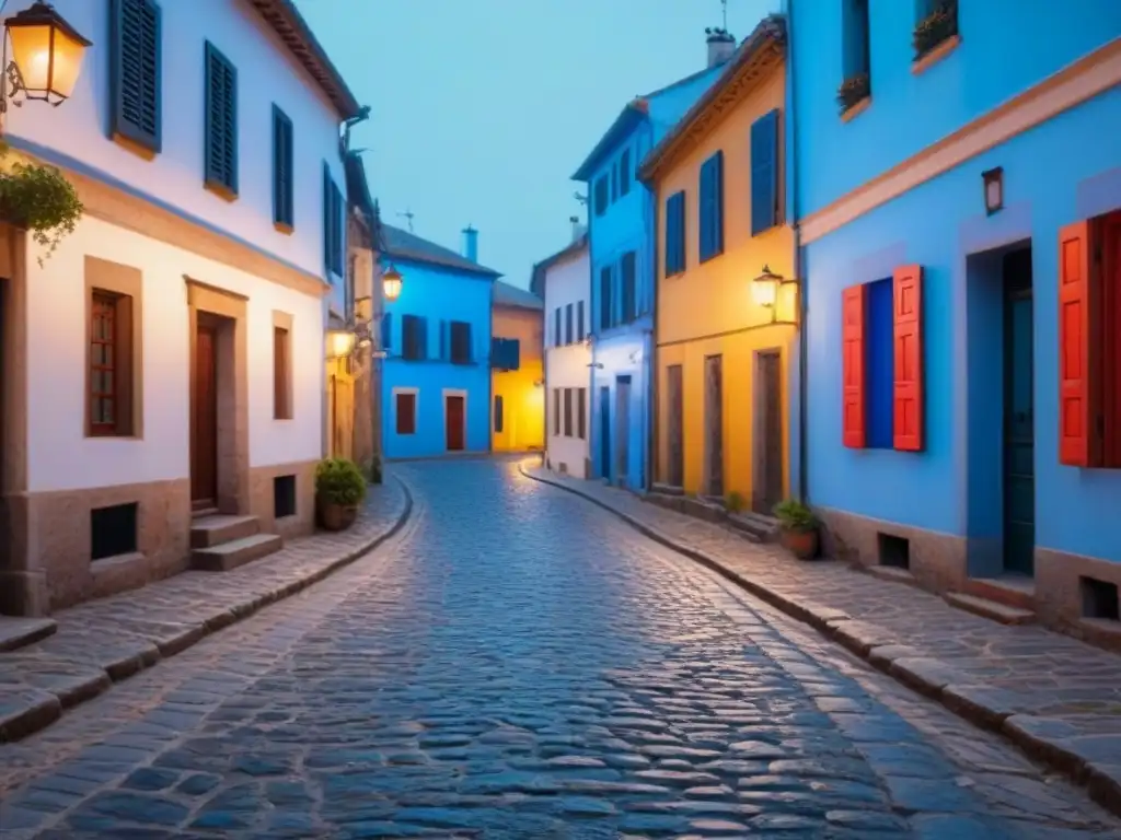 Pintura minimalista de una calle empedrada en una ciudad europea antigua