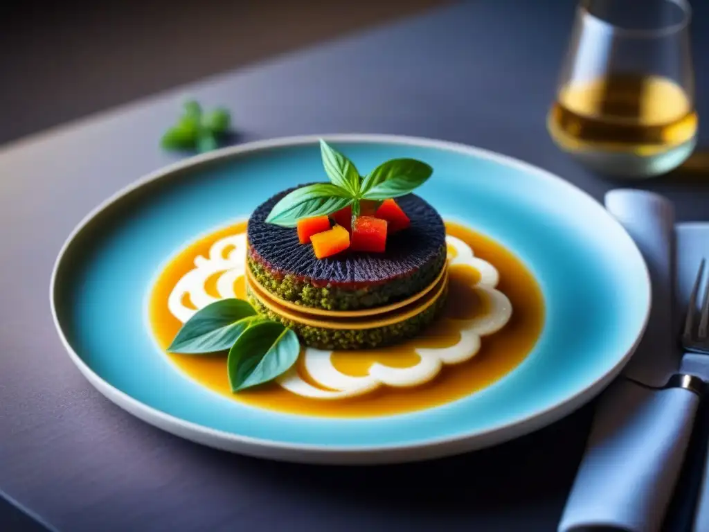 Plato fusionado: armonía de colores y texturas Plato artístico de cocina de fusión creativa tradicional con vibrantes colores y texturas innovadoras