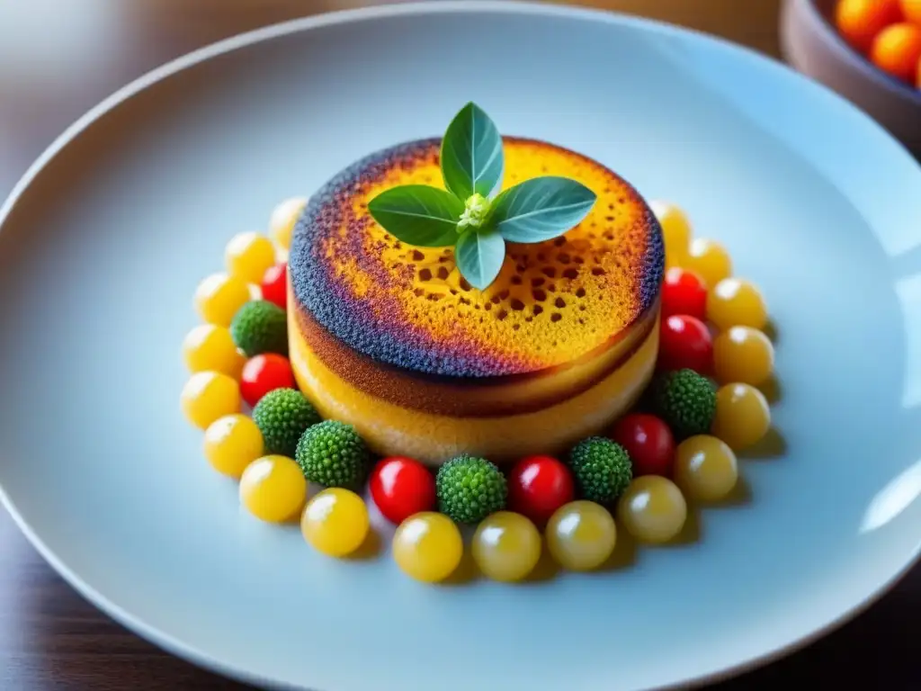 Plato exquisitamente decorado con colores vibrantes y guarniciones intrincadas en un fondo blanco elegante