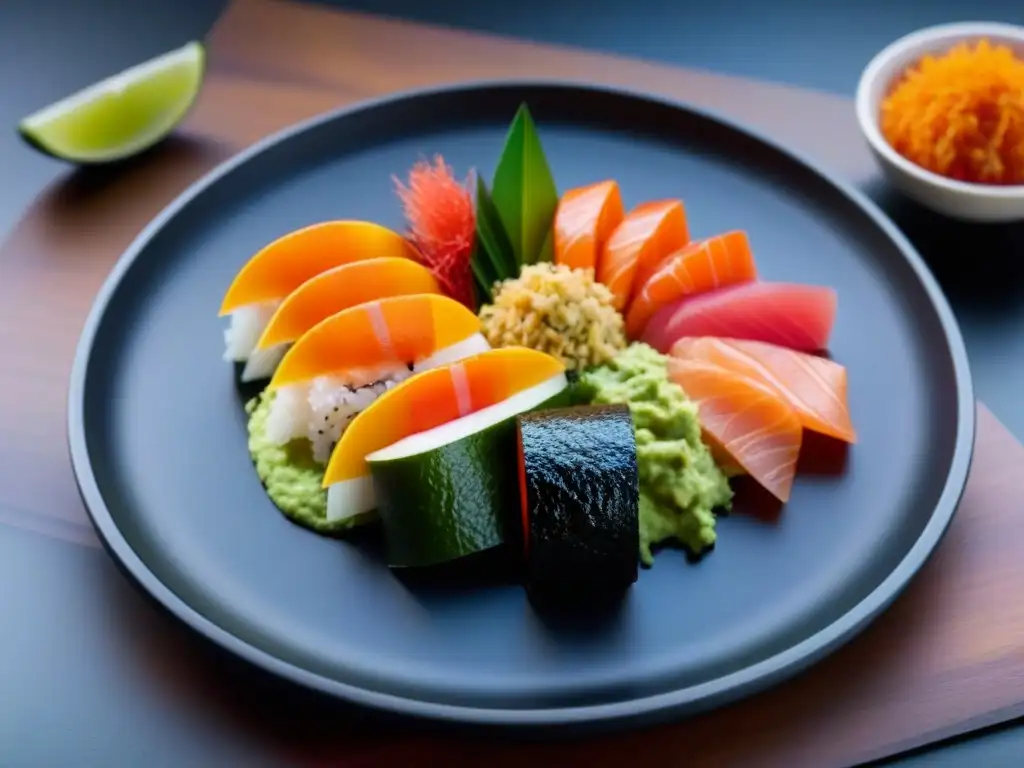 Exquisita fusión: sushi mexicano con guacamole y sashimi fresco Plato de fusión creativa tradicional: sushi y guacamole con sashimi, presentado en elegante plato negro