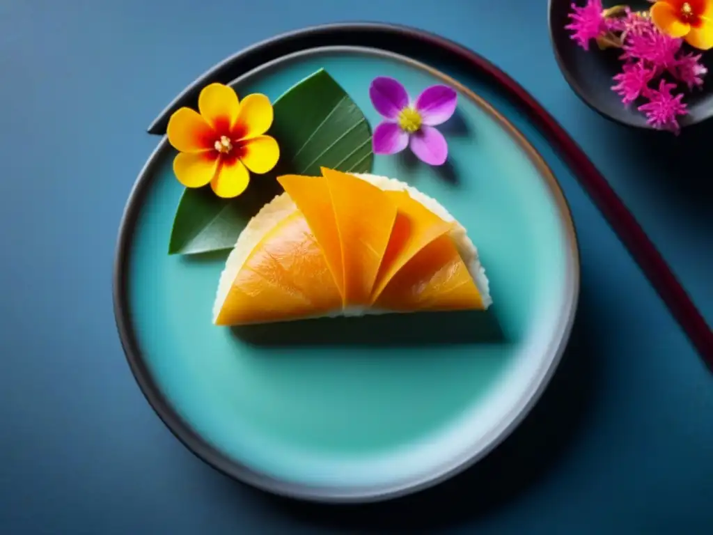 Exquisita fusión: Sushi japonés y tacos mexicanos en armonía Plato fusionado: Sashimi en taco sobre flores comestibles