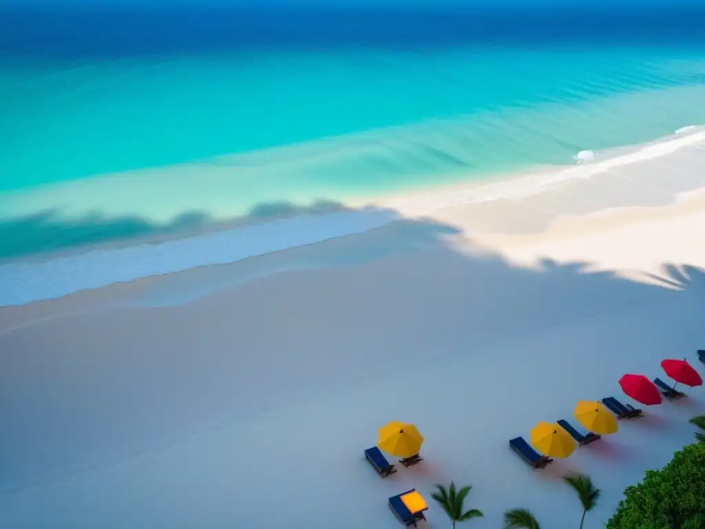 Playa de arena blanca en el Caribe con aguas turquesas, sombrillas coloridas