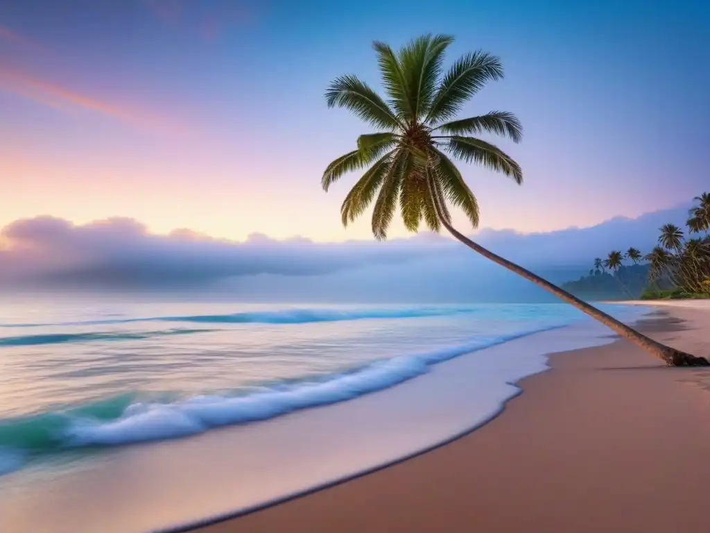 Playa exótica al atardecer con palmera, agua cristalina y colores pastel