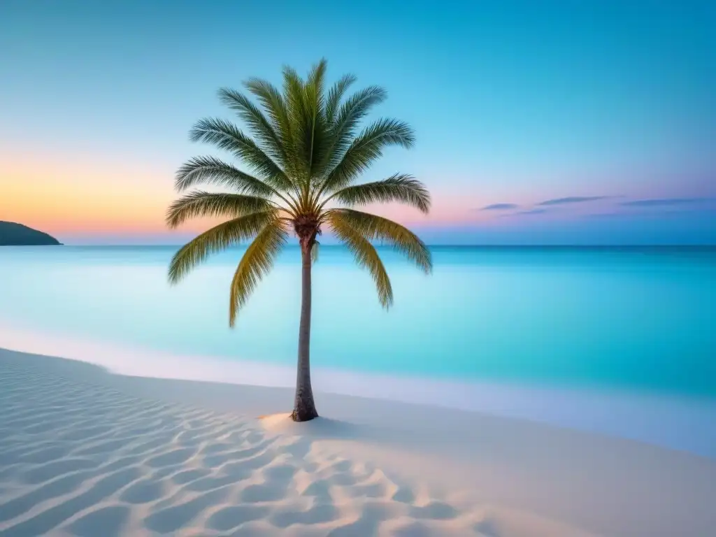 Playa paradisíaca: aguas turquesas y palmera al atardecer Playa secreta con aguas turquesa, arena blanca y palmera solitaria al atardecer