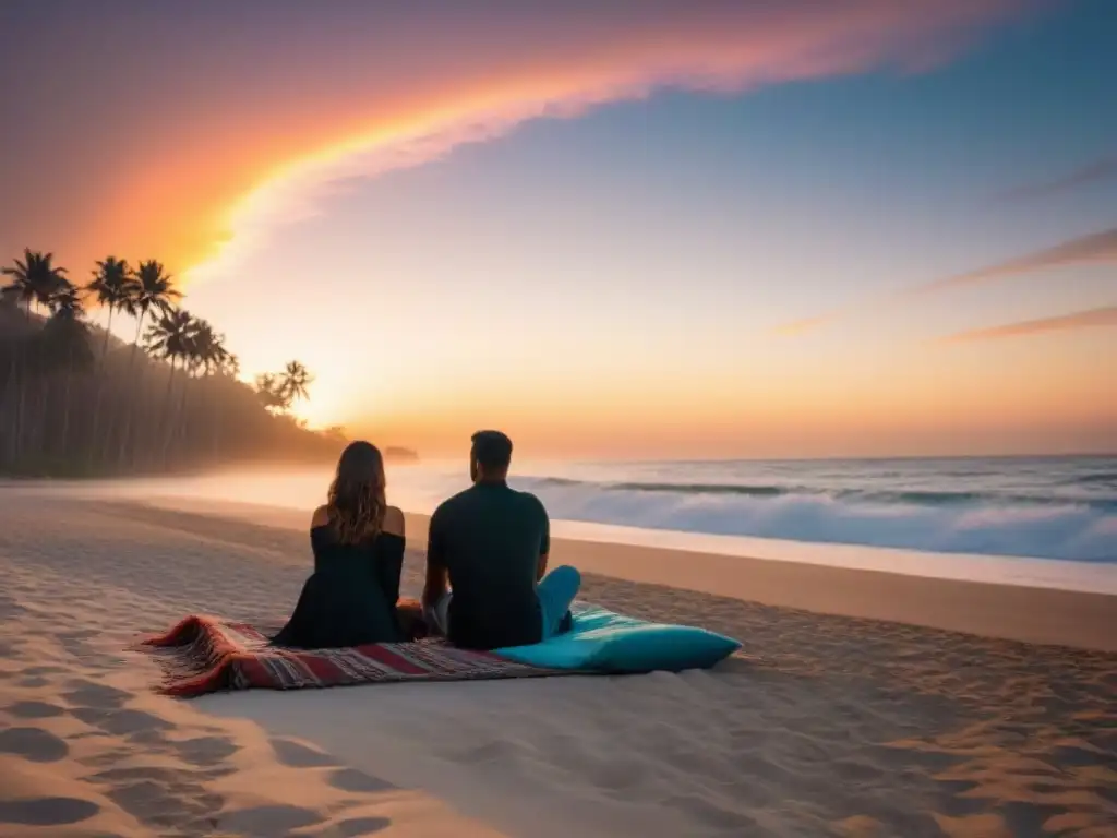 Una playa serena al atardecer con palmeras, olas suaves y una pareja disfrutando de un picnic