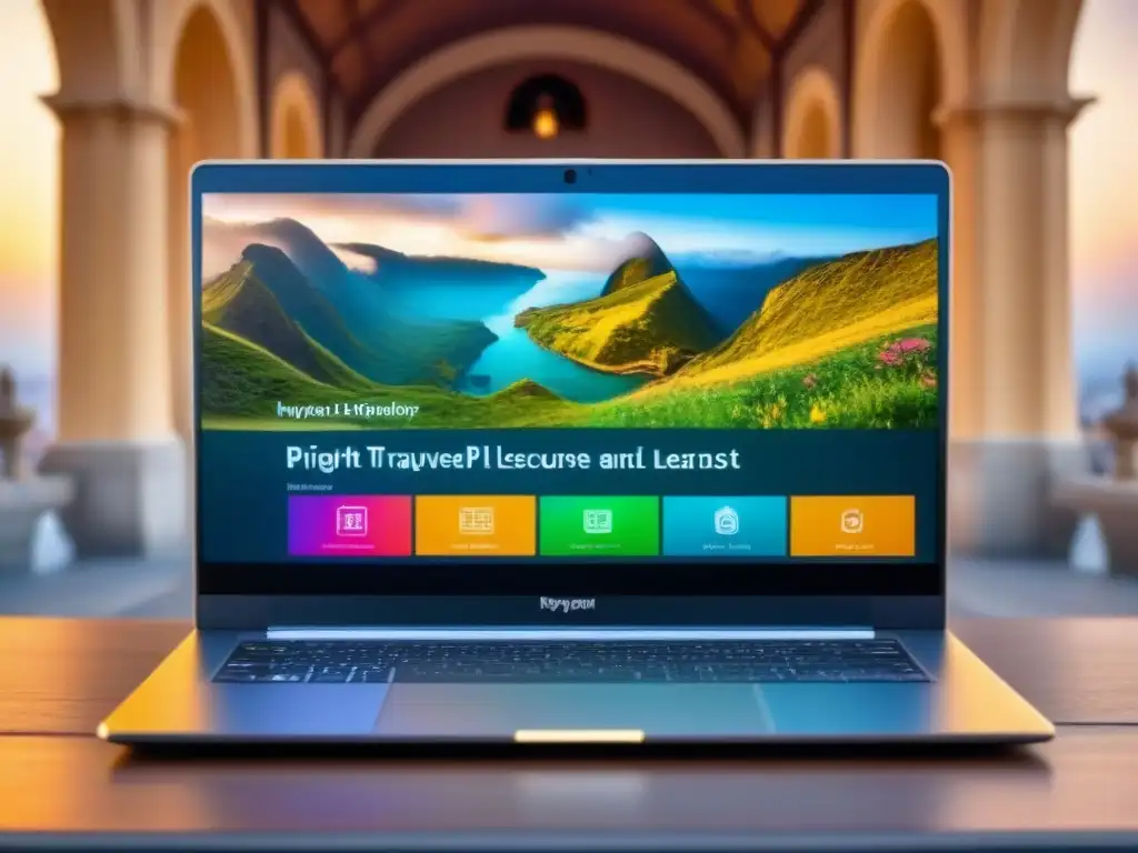 Portátil moderno con plataforma de cursos en línea para viajeros, destinos culturales y lecciones de idiomas