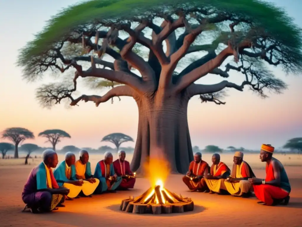 Prácticas religiosas tradicionales en África: Ancianos africanos realizan ceremonia bajo un baobab al atardecer, danzando con antorchas