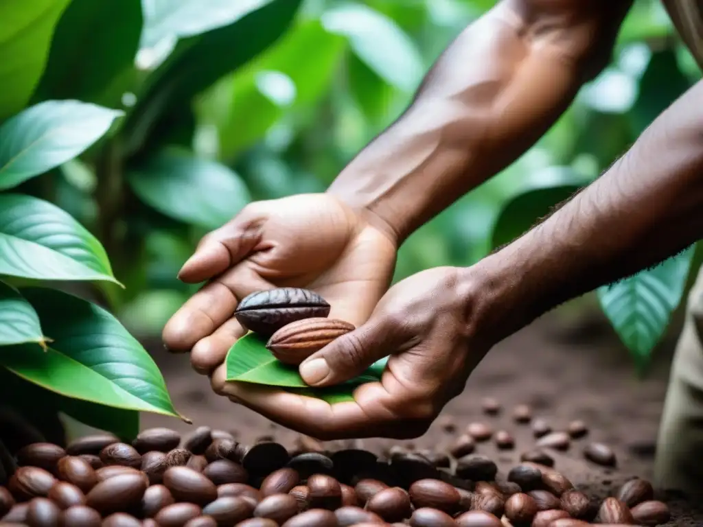 Proceso de elaboración de chocolate en Latinoamérica: Detalle de granos de cacao seleccionados a mano por un agricultor en una plantación exuberante