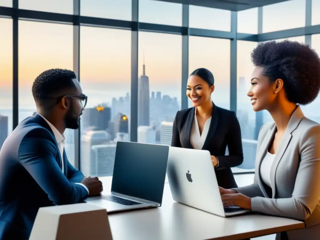 Profesionales globales en intercambio laboral, colaborando en oficina moderna con vista a la ciudad