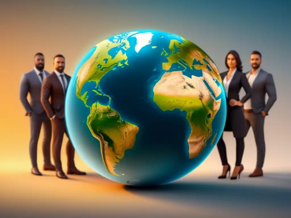 Profesionales de distintos orígenes colaboran alrededor de un globo, simbolizando la preparación laboral en intercambios globales