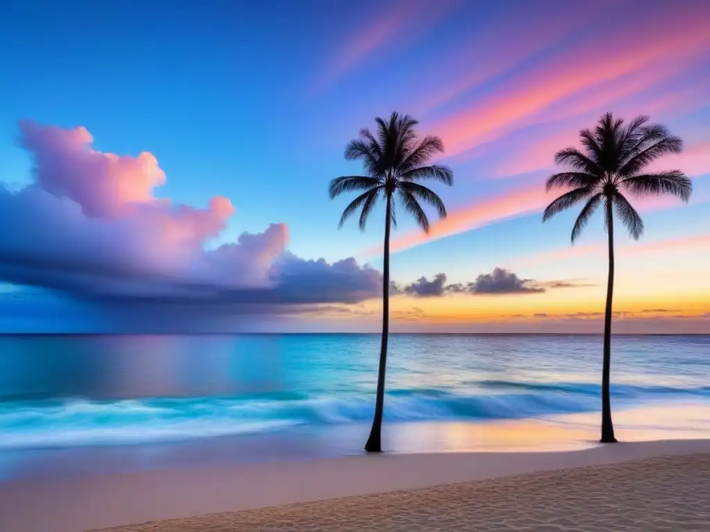 Inversión en propiedades: Atardecer sereno en la playa, palmeras y cielo reflejados en el mar