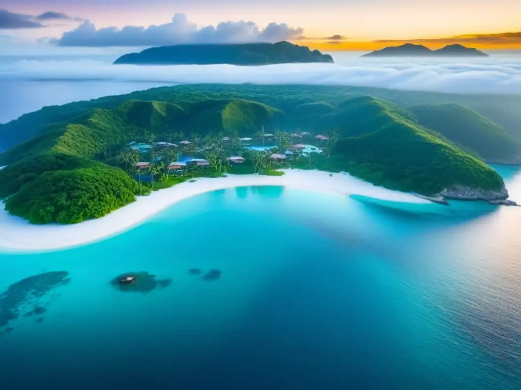 Paraíso tropical: isla privada con aguas turquesas y atardecer dorado Inversión en propiedades en destinos exóticos: Una isla tropical exclusiva con aguas turquesas, palmeras y villas de lujo al atardecer