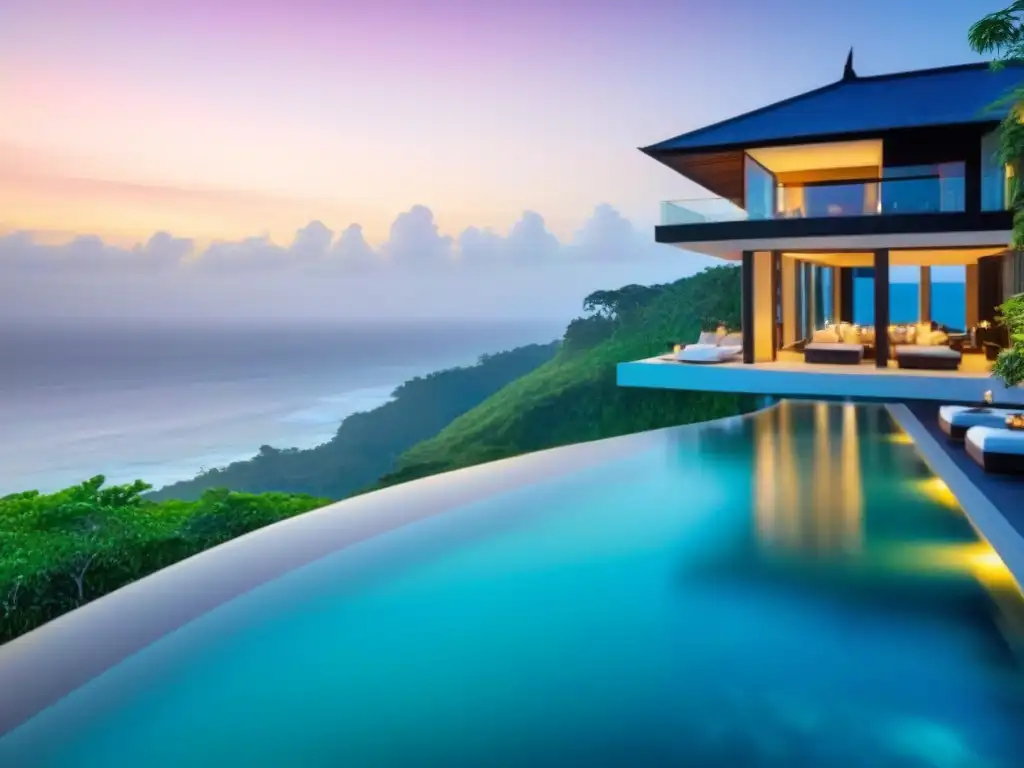 Villa de lujo en Bali: oasis en acantilado Inversión en propiedades en destinos exóticos: lujosa villa moderna en acantilado de Bali, rodeada de naturaleza y atardecer dorado