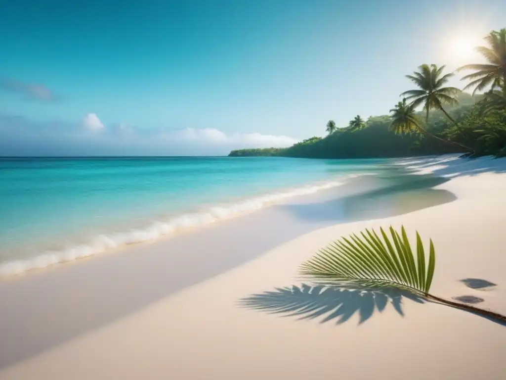 Paraíso tropical: playa solitaria con palmera y aguas turquesa Inversión en propiedades en destinos exóticos: Playa paradisíaca con palmera, aguas turquesas y conchas brillantes