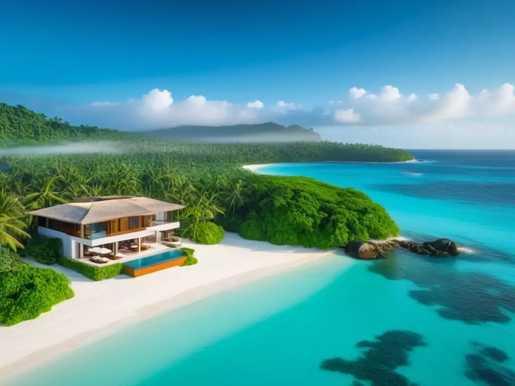 Inversión en propiedades en destinos exóticos: Vista aérea impresionante de una lujosa propiedad frente al mar en un paraíso tropical