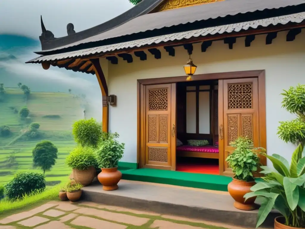 Una puerta de madera con diseños florales en una homestay en la India, rodeada de naturaleza y con vistas a los Himalayas