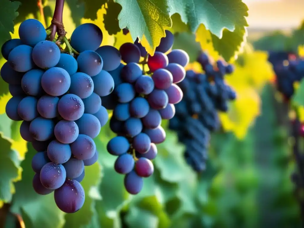 Un racimo de uvas Saperavi moradas, brillantes de rocío bajo el sol matutino, en un viñedo borroso al fondo