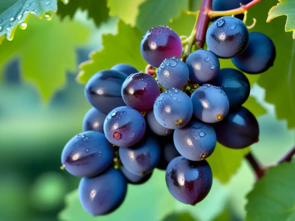 Un racimo de uvas Saperavi raras, de profundo color morado, resplandeciendo con gotas de rocío, en un fondo blanco