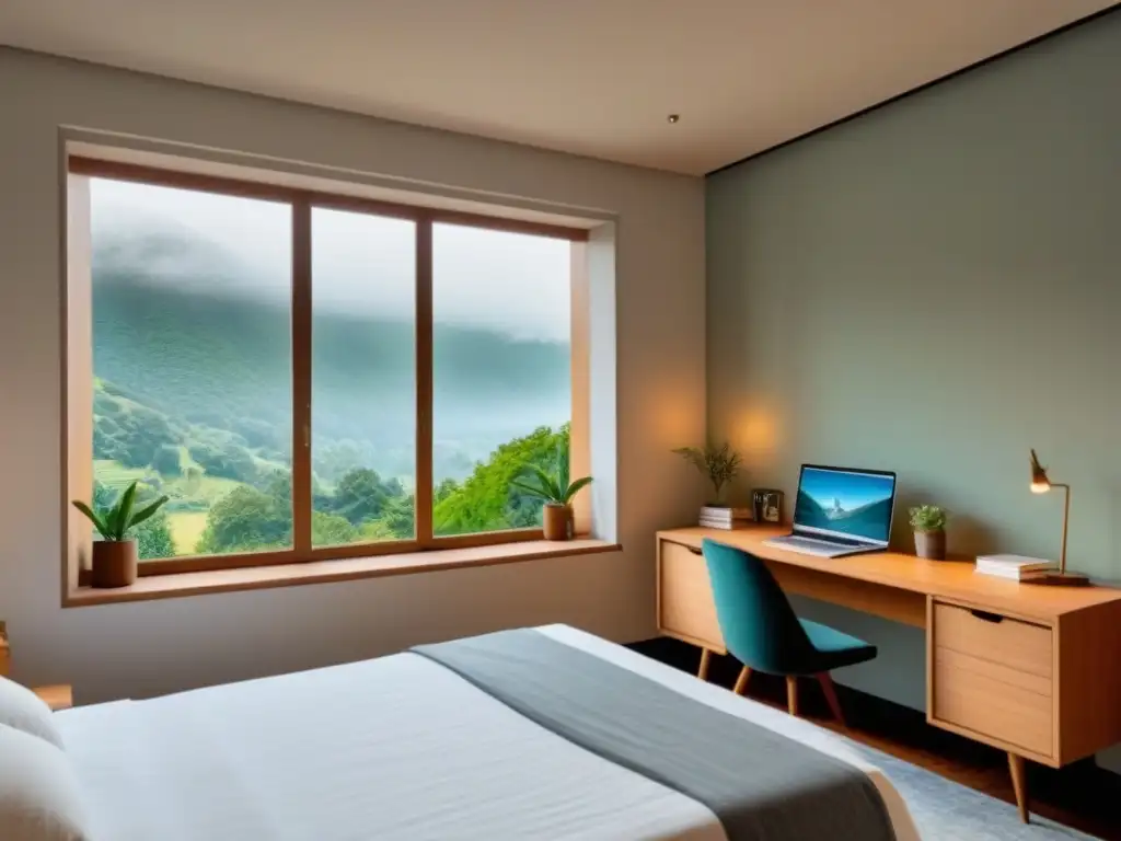 Un refugio acogedor para aprender idiomas homestay con un dormitorio ordenado y ventana a la naturaleza
