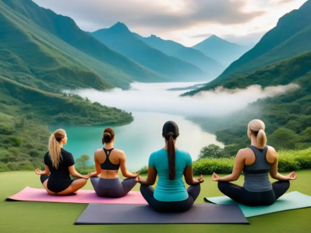 Un refugio de bienestar y actividades culturales en las montañas, con un grupo diverso practicando yoga