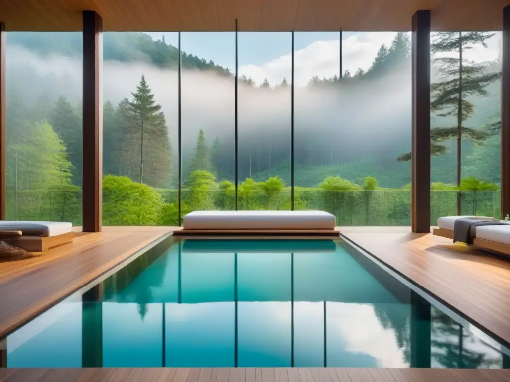 Un refugio de bienestar espiritual de lujo en el bosque, con arquitectura moderna y naturaleza vibrante reflejada en ventanas de cristal
