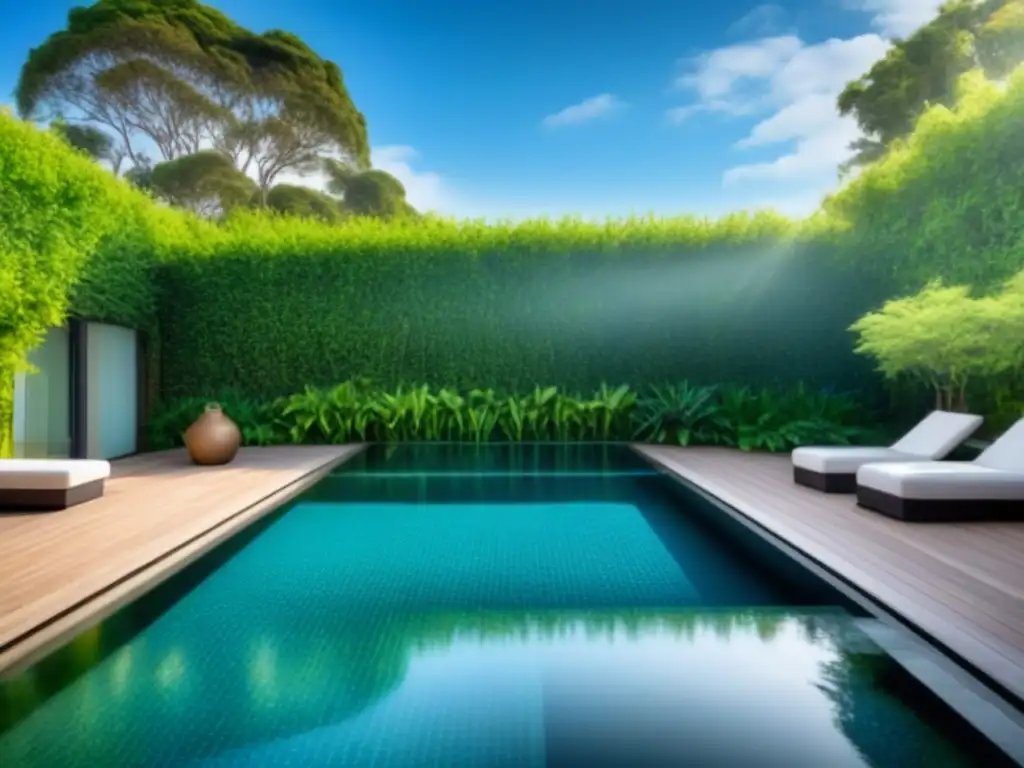 Refugio de bienestar en la naturaleza: spa al aire libre de lujo rodeado de exuberante vegetación, con piscina tranquila y cielo azul reflejado