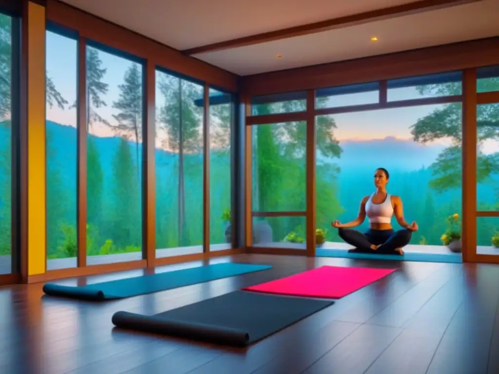 Un refugio de yoga en el bosque con sala de meditación de madera rodeada de árboles y flores