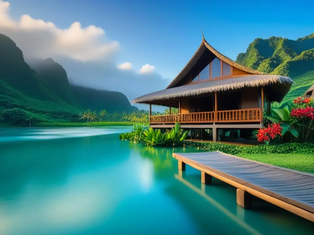 Un refugio cultural en destinos exóticos: una casa de madera rodeada de exuberante vegetación, hamaca entre palmeras y río cristalino
