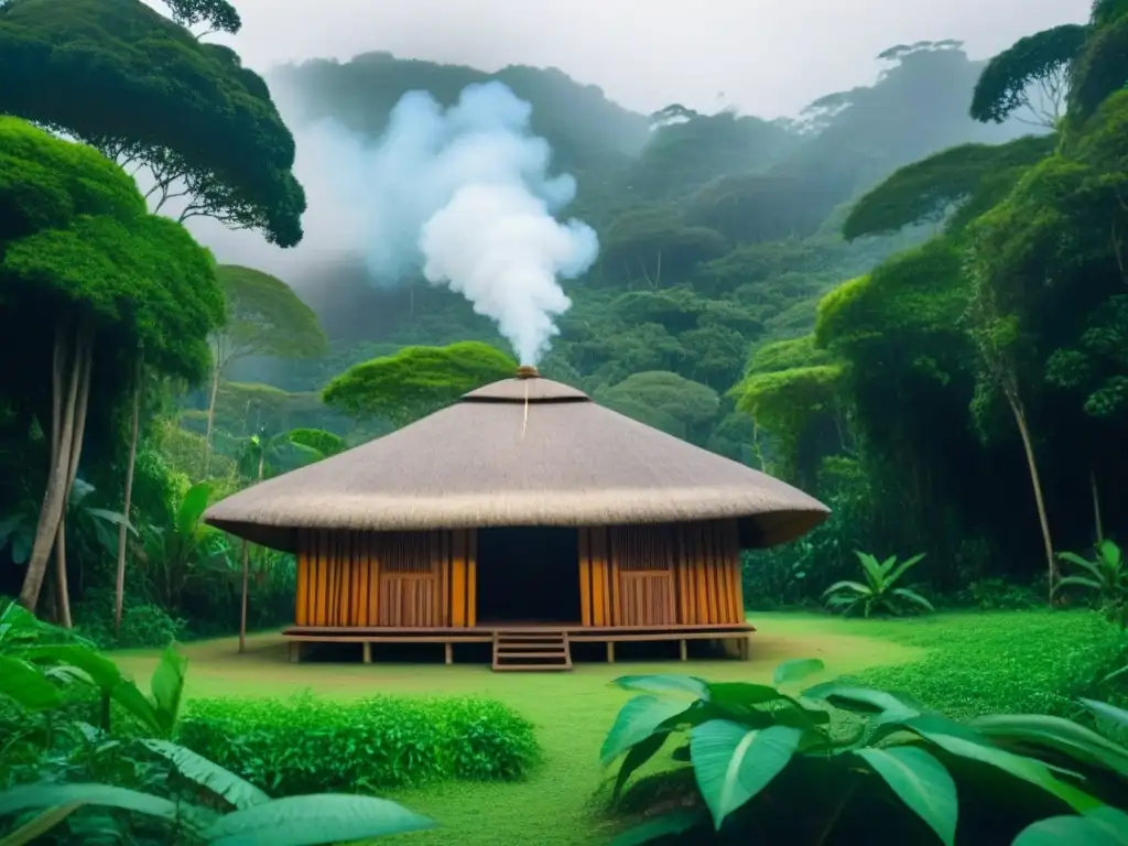 Un refugio de paz en la exuberante selva, con cabaña entre árboles altos y detallada vegetación