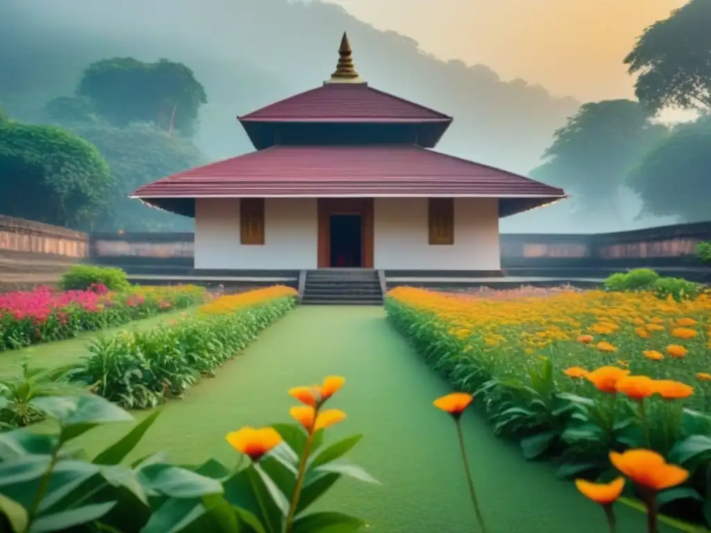 Un refugio tranquilo cerca de un templo ancestral, con flores coloridas y puerta abierta