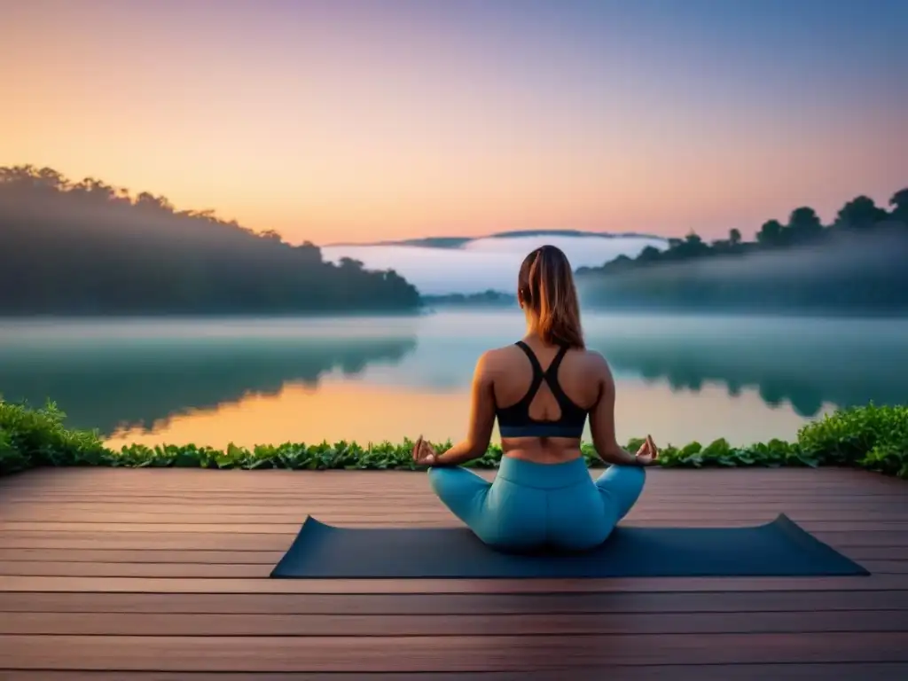 Un refugio de yoga de lujo al atardecer con prácticas ancestrales en un entorno sereno junto al lago