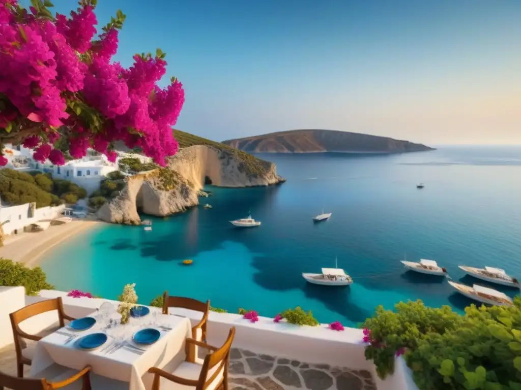 Un restaurante sereno en una isla griega con paredes blancas, flores vibrantes y vistas al mar Egeo