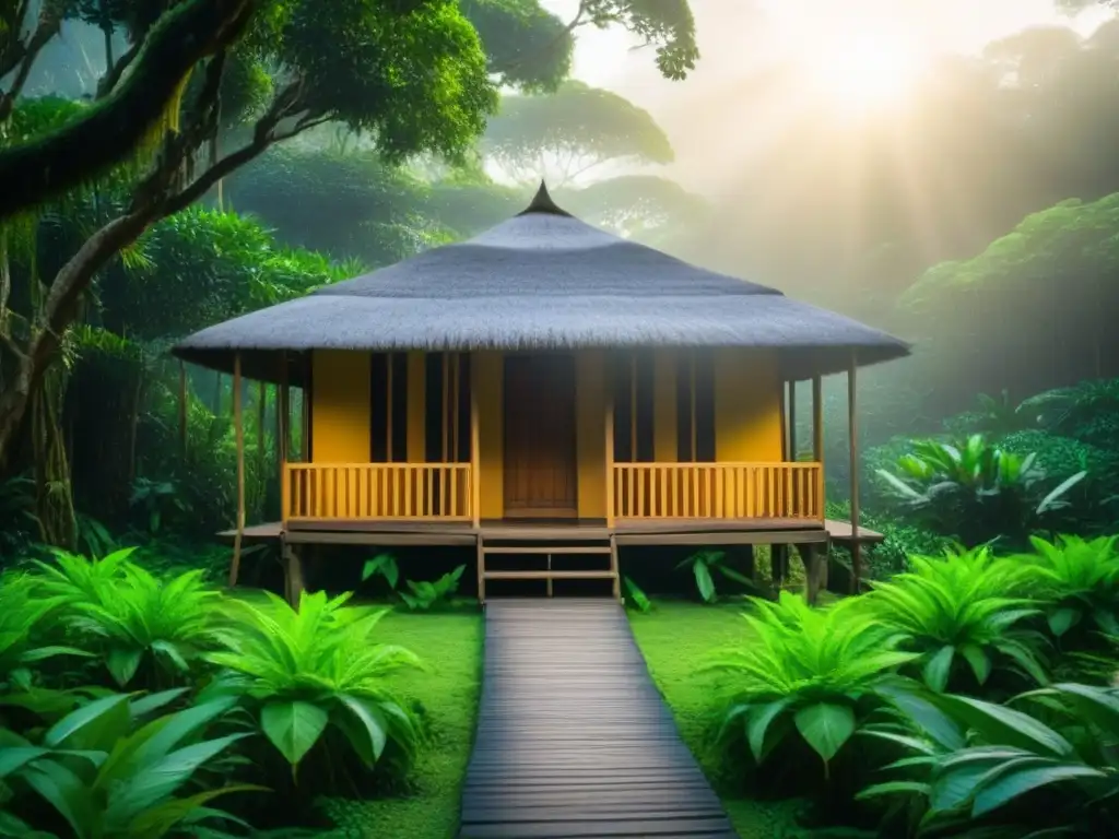 Retiro de ayahuasca en la exuberante selva amazónica, con una cabaña de madera entre árboles gigantes y luz filtrándose entre el dosel verde
