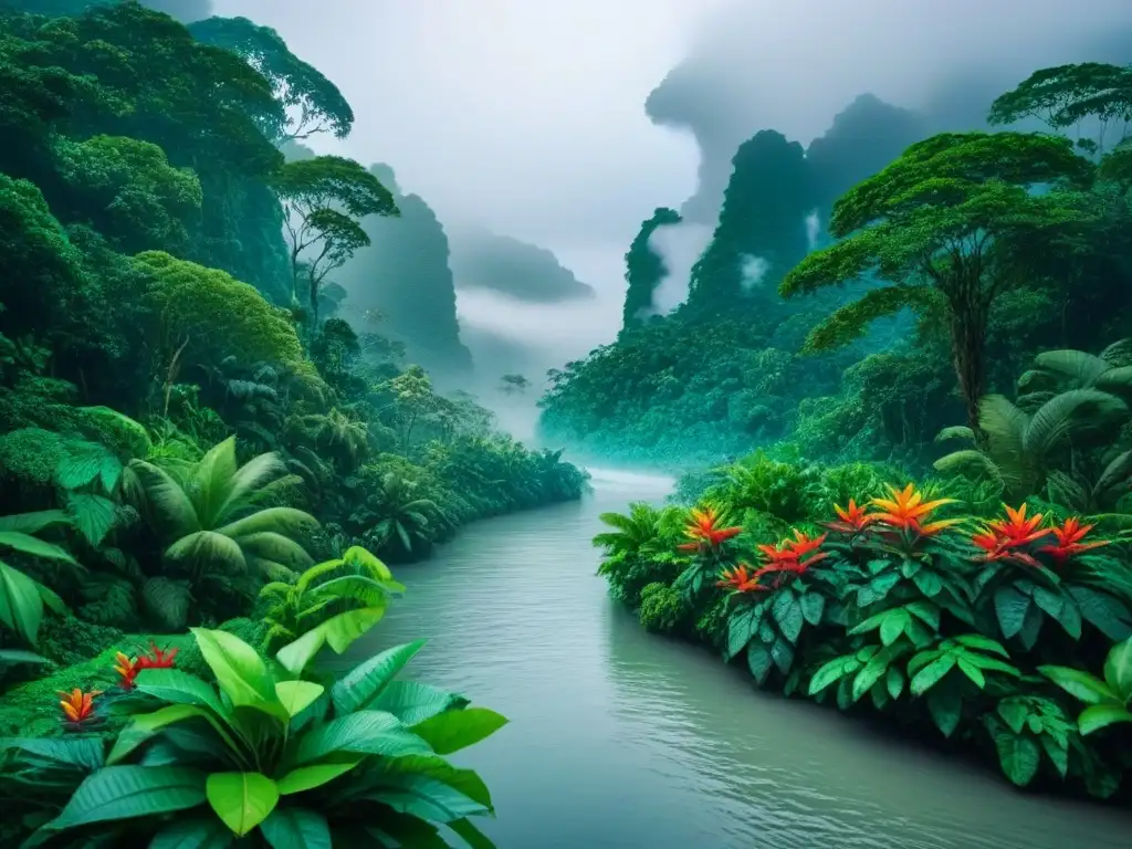 Retiro de ayahuasca en la exuberante selva amazónica con río sereno y flores tropicales