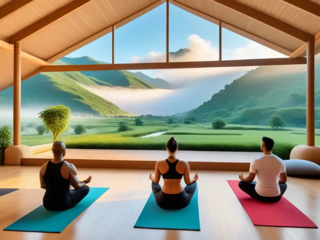 Un retiro de bienestar con actividades culturales en un valle verde rodeado de montañas, donde se practica yoga en armonía